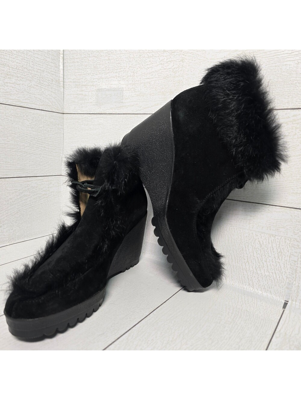 Coach Kataya Q012 Women’s 9.5B Black Suede Rabbit Fur Wedge Boots Made Italy